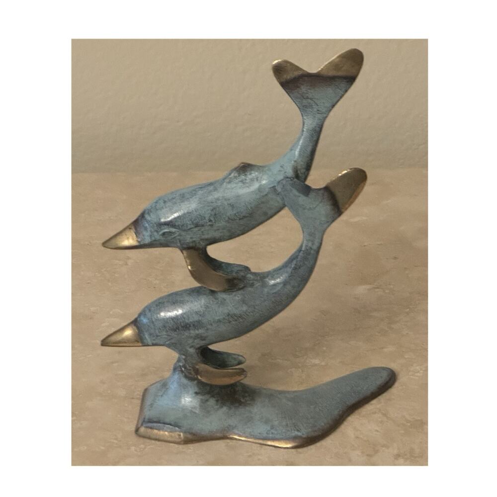 Vintage Bronze Dolphin Figurine Sculpture with Two Dolphins About 7.5”